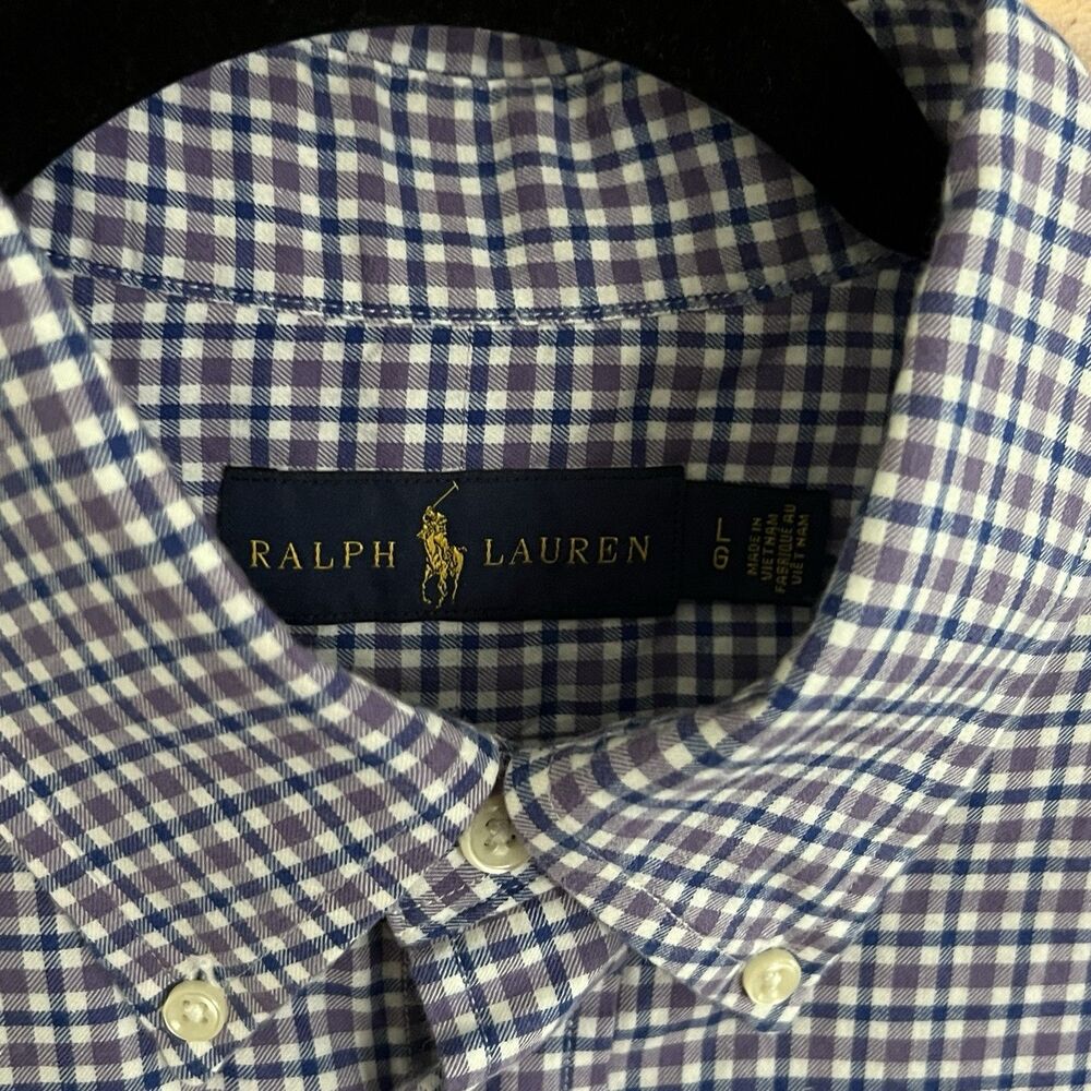 Ralph Lauren Mens Large Blue Purple White Plaid Check Long Sleeve Button Down